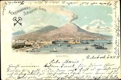 Litho Napoli Neapel Campania, Blick auf den Ort, Vesuv, Ackermann's Schlüssel Garn, Reklame