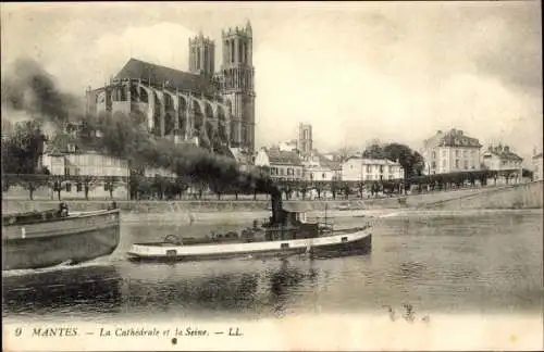 Ak Mantes Yvelines, Die Kathedrale und die Seine