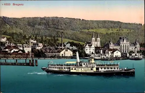 Ak Bregenz am Bodensee Vorarlberg, Salondampfer MS Stadt Bregenz, Blick auf den Ort