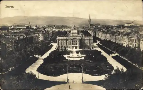 Ak Zagreb Kroatien, Blick auf die Stadt, Schloss, Garten, Springbrunnen