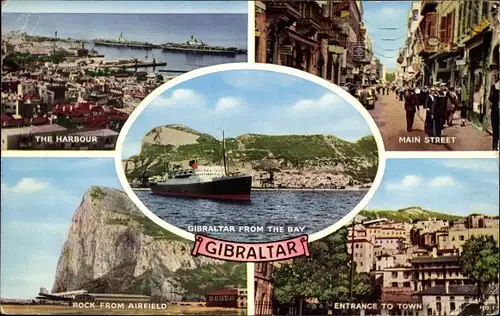 Ak Gibraltar, The Harbour, Main Street, Rock from Airfield, Entrance to Town, Ship