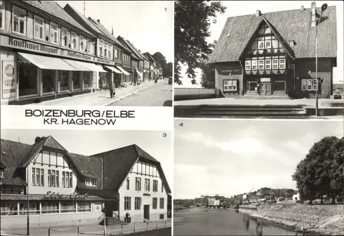 Ak Boizenburg an der Elbe, Karl Marx Straße, Konsum Hotel, Klubhaus, Hafen, Elbe Werften
