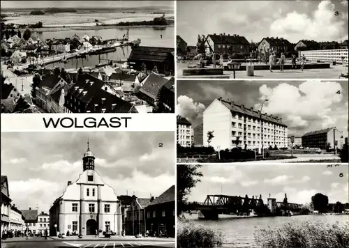 Ak Wolgast, Hafen, Rathaus, Springbrunnenanlage Hufelandstraße, Dr. Theo Neubauerstraße, Peene