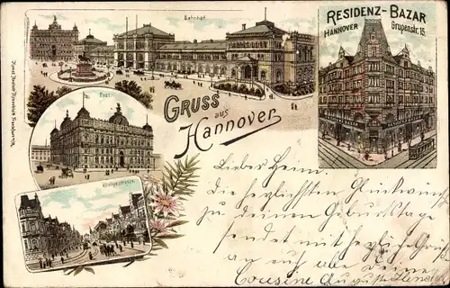 Litho Hannover in Niedersachsen, Post, Bahnhof, Königstraße, Residenz-Bazar, Grupenstraße 15