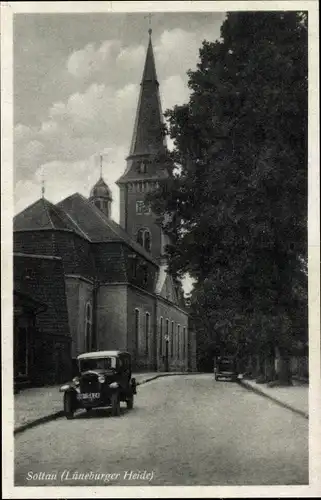 Ak Soltau Lüneburger Heide Niedersachsen, Straßenpartie, Kirche, Auto