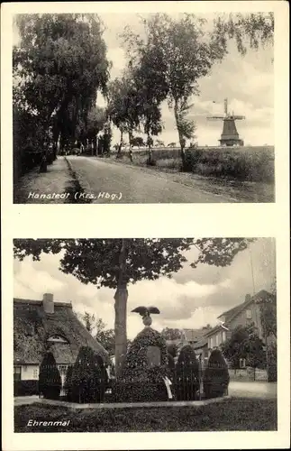 Ak Hanstedt in der Nordheide, Blick zum Ehrenmal, Windmühle