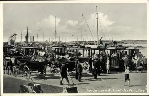 Ak Nordseebad Norderney Ostfriesland, Ankunft des Dampfers, Kutsche, Pferdebahn