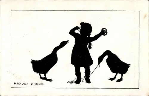 Scherenschnitt Ak Carus, Gänse, Mädchen, Brezel, Schnürsenkel