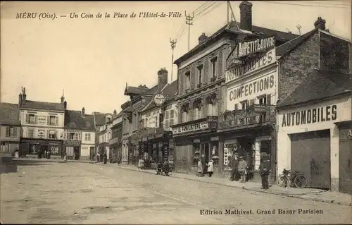 Ak Meru Oise, Un Coin de la Place de l'Hotel de Ville, Automobiles, Confections