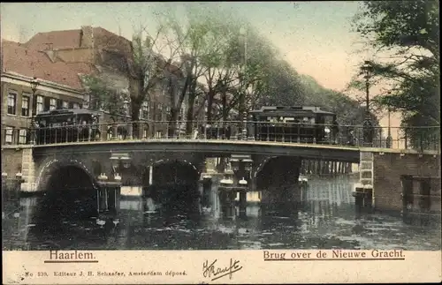 Ak Haarlem Nordholland Niederlande, Nieuwe Gracht, Brücke, Straßenbahnen