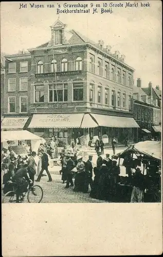 Ak 's Gravenhage Den Haag Südholland, Het Wappen en Groote Markt hoek Boekhorststraat H. Booij