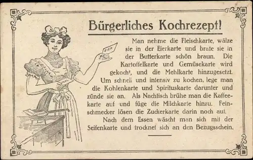 Ak Bürgerliches Kochrezept, Fleischkarte, Eierkarte, Butterkarte, Kartoffelkarte, Gemüsekarte, I. WK