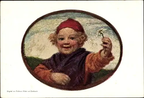 Ganzsachen Künstler Ak von Zumbusch, Ludwig, Kind mit Blume