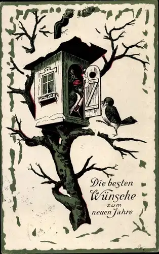 Präge Ak Glückwunsch Neujahr, Vogelhaus, Vögel vermenschlicht