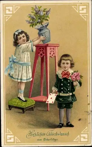 Präge Ak Glückwunsch Geburtstag, Kinder, Blumenstrauß, Blumentopf