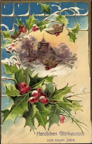 Präge Ak Glückwunsch Neujahr, Wintermotiv, Stechpalmenzweige, Vögel