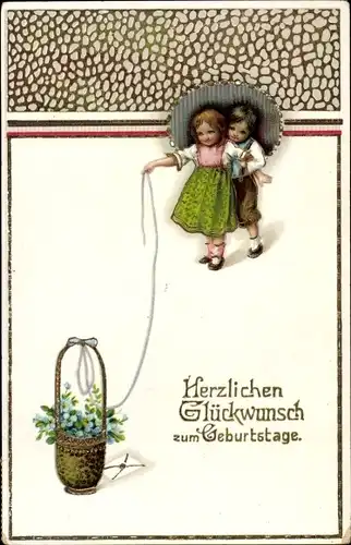 Ak Glückwunsch Geburtstag, Kinder, Blumenkorb, Vergissmeinnicht