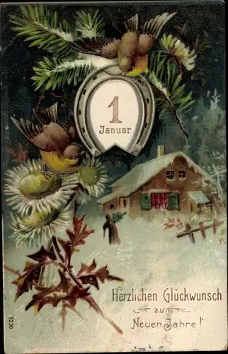 Präge Ak Glückwunsch Neujahr, Hufeisen, Kalenderblatt, Vögel, Wintermotiv