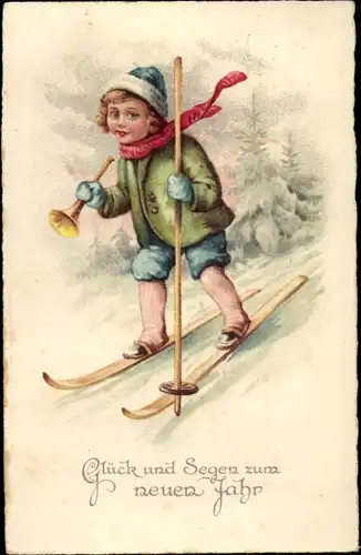 Ak Glückwunsch Neujahr, Kind beim Skifahren