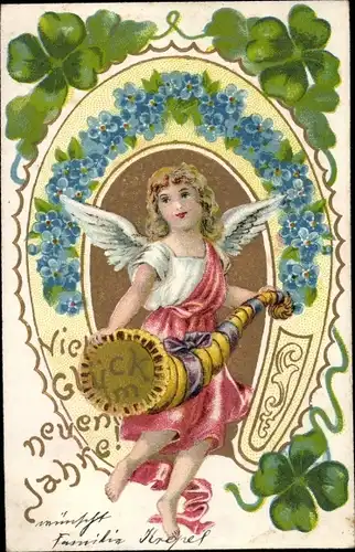 Ak Glückwunsch Neujahr, Engel, Füllhorn, Hufeisen, Kleeblätter, Vergissmeinnicht