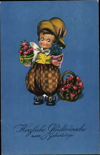 Ak Glückwunsch Geburtstag, Kind mit Blumenkorb, Blumentöpfe