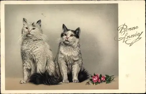 Ak Glückwunsch Neujahr, Zwei Hauskatzen, Rosen