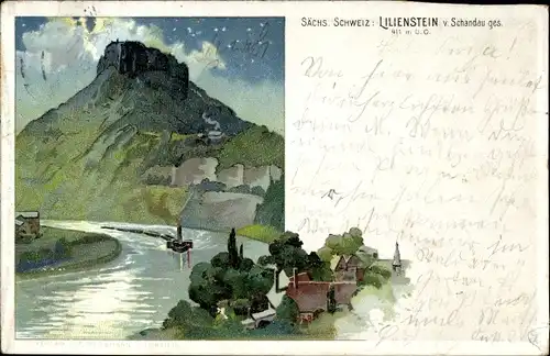 Litho Bad Schandau an der Elbe, Lilienstein von Schandau aus gesehen