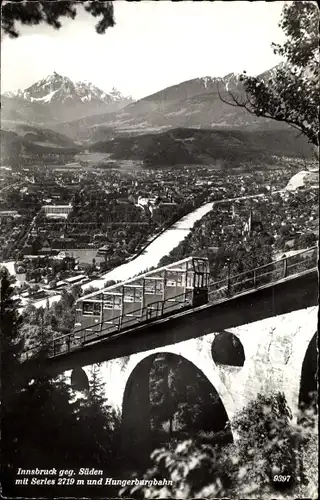 Ak Innsbruck in Tirol, Panoramablick auf die Stadt, Hungerburgbahn, Serles