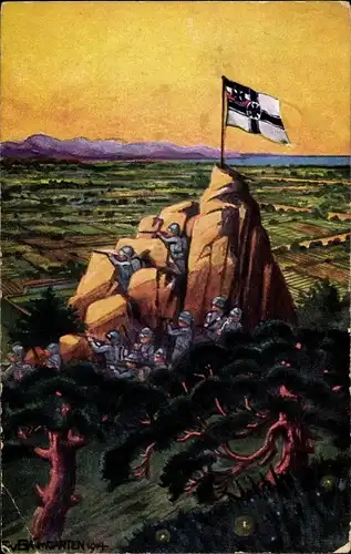 Künstler Ak Baumgarten E. v., Beobachtungsposten vor Tsingtau, Soldaten, Fahne, Kolonialkriegerdank
