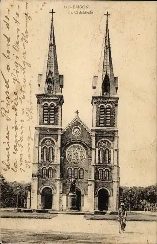Ak Saigon Cochinchina Vietnam, The Cathedral, Denkmal, Kathedrale, Radfahrer