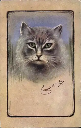 Künstler Ak Mills, Katzenportrait, grau getigerte Katze, grüne Augen