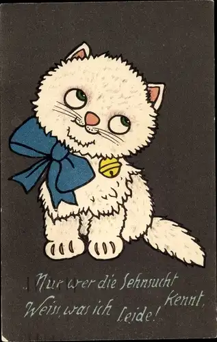 Ak Nur wer die Sehnsucht kennt, weiß was ich leide, weiße Katze, Glocke, blaue Schleife