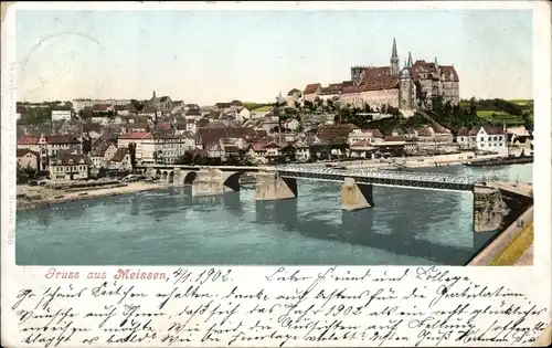 Ak Meißen an der Elbe, Panorama, Brücke, Fluss, Kirchtürme