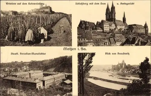 Ak Meißen an der Elbe, Schlossberg mit dem Dom, Amtsgericht, Staatl. Porzellan-Manufaktur