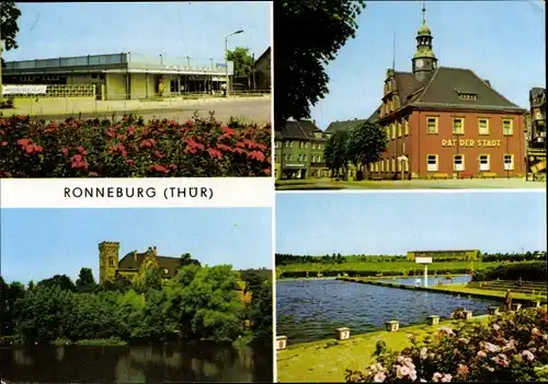 Ak Ronneburg in Thüringen, Kaufhalle in Zeitzer Straße, Rathaus, Baderteich und Schloss, Sommerbad