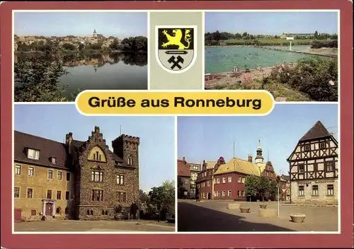 Ak Ronneburg in Thüringen, Teilansicht, Sommerbad, Schloss, Rathaus, Wappen