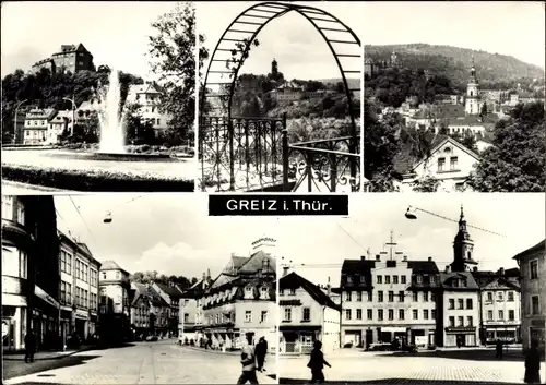 Ak Greiz im Vogtland, Springbrunnen, Kirche, Platz, Schloss