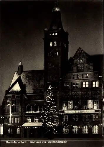 Ak Karl Marx Stadt Chemnitz in Sachsen, Rathaus zur Weihnachtszeit, Weihnachten 1968