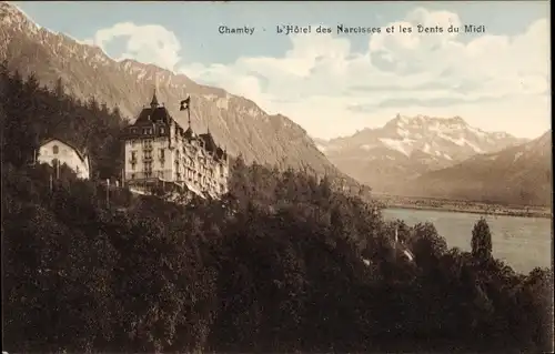 Ak Chamby sur Montreux Kanton Waadt Schweiz, l'Hotel des Narcisses et les Dents du Midi