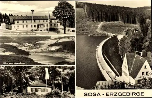 Ak Sosa Eibenstock im Erzgebirge, Wanderhütte Karl Marx, Jugendherberge Hans Beimler, Talsperre