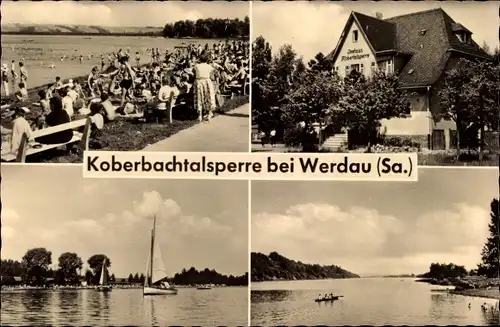 Ak Werdau Torgau an der Elbe Sachsen, Koberbachtalsperre, Badestrand, Segelboot