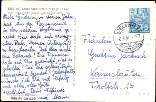 Ak Oelsnitz Vogtland, Egerstraße mit St. Jakobikirche und Katharinenkirche, 600 Jahrfeier 1957