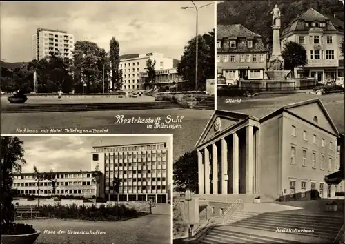 Ak Suhl in Thüringen, Hochhaus mit Hotel Thüringen-Tourist, Markt, Haus der Gewerkschaften