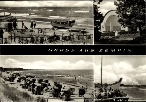 Ak Ostseebad Zempin auf Usedom, Boote, Netze, Strandansicht