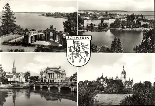 Ak Schwerin in Mecklenburg, See, Marstallhalbinsel, Staatstheater und Dom, Wappen, Schloss