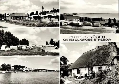Ak Putbus auf der Insel Rügen, Zeltplatz, Strandansicht, Reetdachhaus