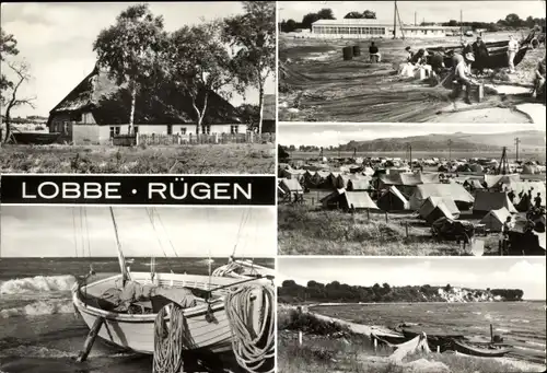 Ak Lobbe Middelhagen Mönchgut Rügen, Reetdachhaus, Strandansicht, Zeltplatz, Boot