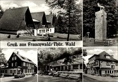 Ak Frauenwald am Rennsteig Ilmenau in Thüringen, Wanderhütten, Monument am Bohrstuhl, Gaststätte