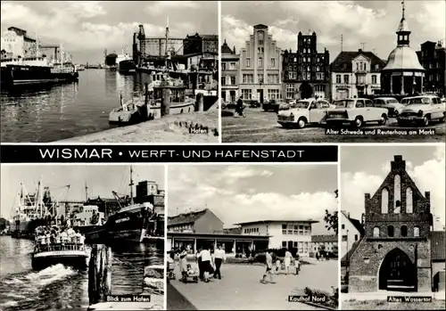 Ak Hansestadt Wismar, Hafen, Kaufhof Nord, Alter Schwede und Reuterhaus am Markt, Wassertor