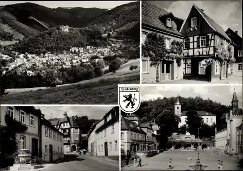 Ak Leutenberg in Thüringen, Panorama, Wappen, Platz, Fachwerkhaus, Straßenansicht